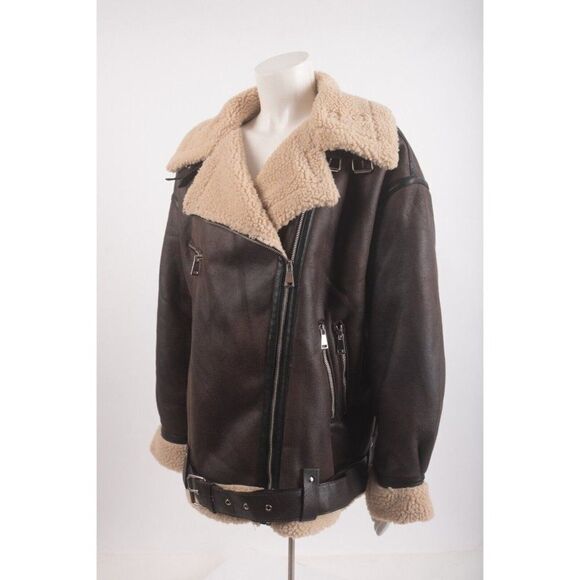 Zara Womens Aviator Biker Jacket Brown XL X-Large Sherpa Lined 8073/264 NWOT - Picture 4 of 7